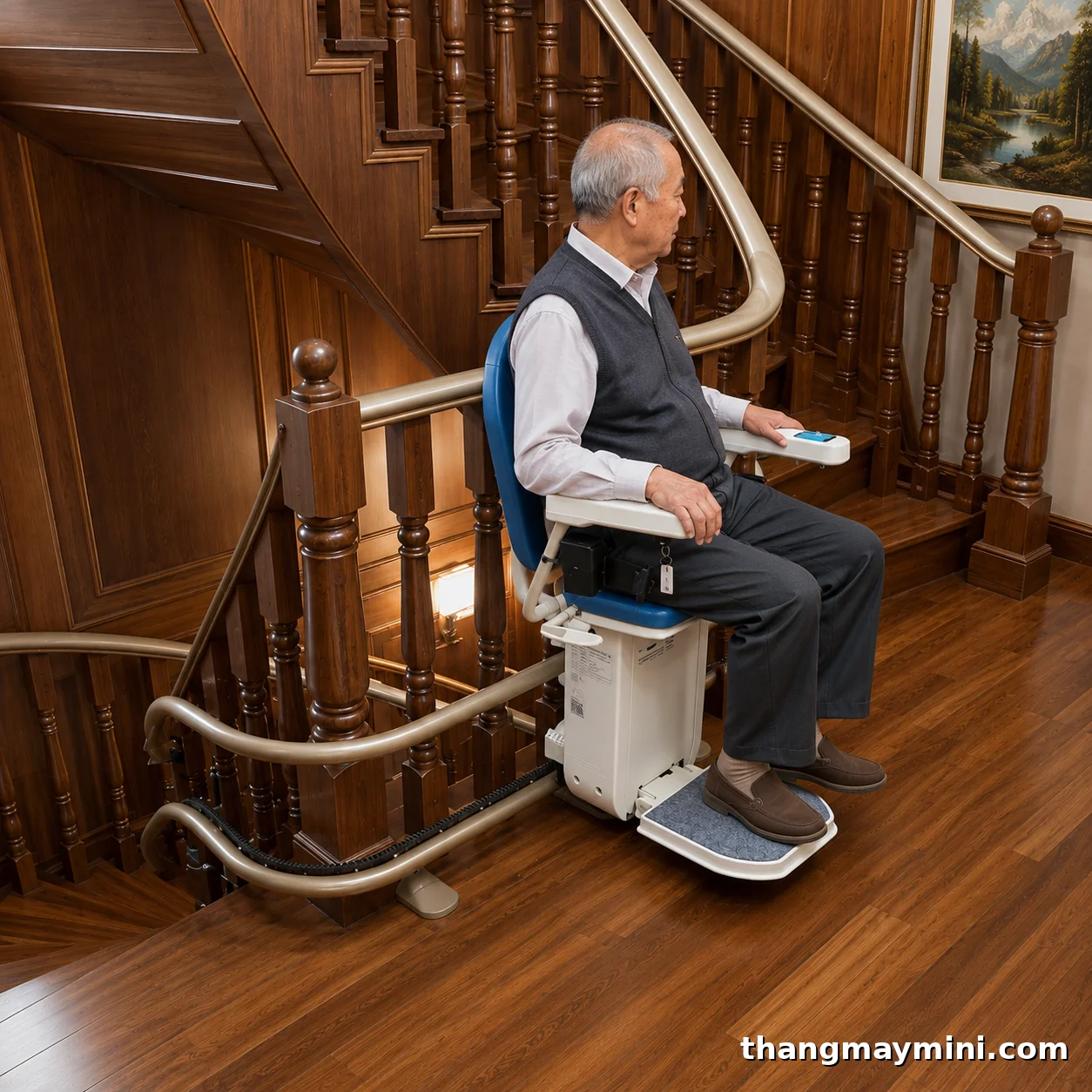 Ghế Thang Máy (Stairlift): Cấu Tạo, Phân Loại, Giá & Tư Vấn 2026 6 Ghế thang máy lắp cầu thang cong bằng gỗ