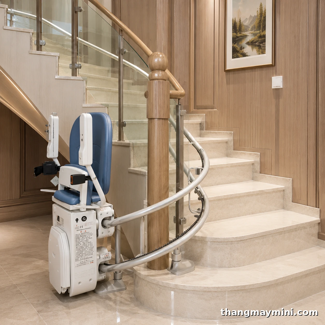 Ghế Thang Máy (Stairlift): Cấu Tạo, Phân Loại, Giá & Tư Vấn 2026 5 Ghế thang máy ray cong cầu thang xoắn