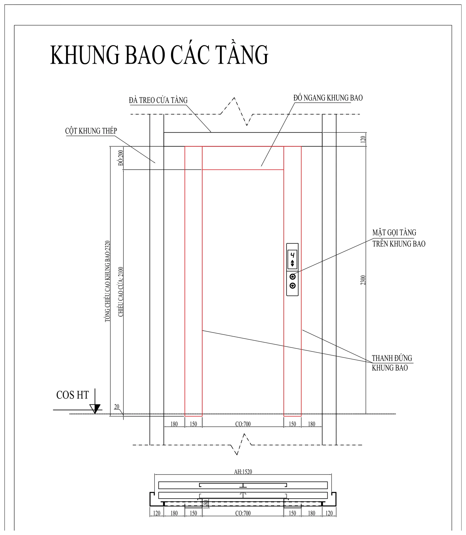 Bản vẽ khung bao cửa tầng thang máy mini có số đo