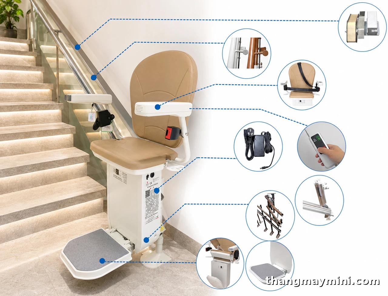 Ghế Thang Máy (Stairlift): Cấu Tạo, Phân Loại, Giá & Tư Vấn 2026 8 Linh kiện ghế thang máy stairlift