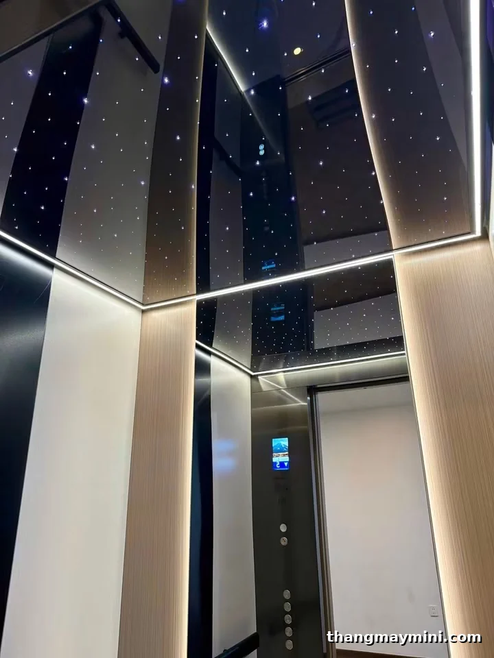 Mẫu cabin thang máy gia đình trần sao LED, vách vân gỗ và inox đen sang trọng