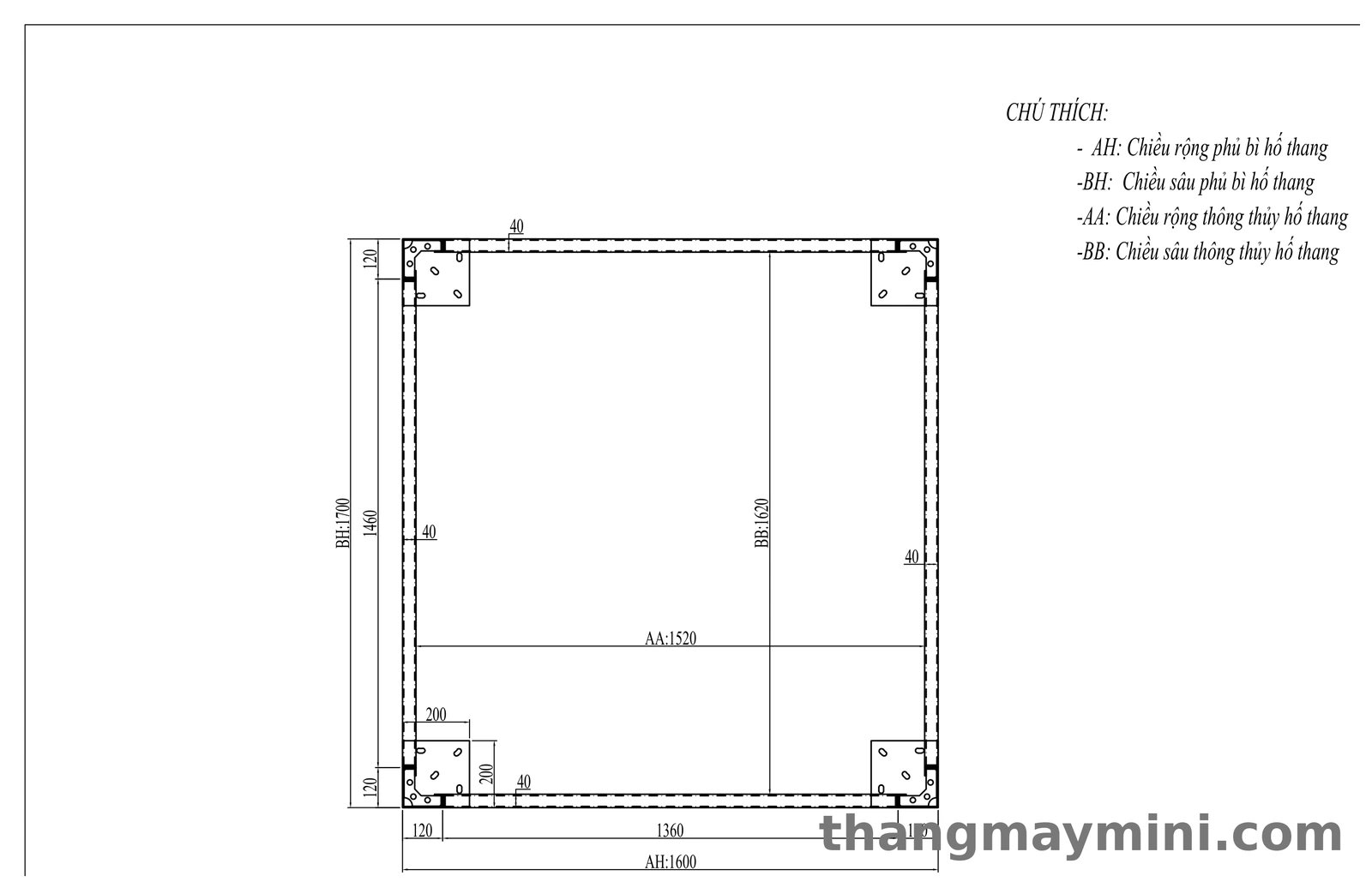Thang Máy Gia Đình 2026: Hướng Dẫn Toàn Diện Từ A Đến Z 12 Bản vẽ kích thước hố thang thang máy gia đình AH BH AA BB