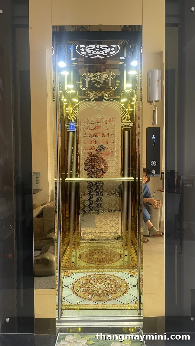 Thang Máy Gia Đình 2026: Hướng Dẫn Toàn Diện Từ A Đến Z 2 Thang máy gia đình mạ vàng nền đá hoa văn