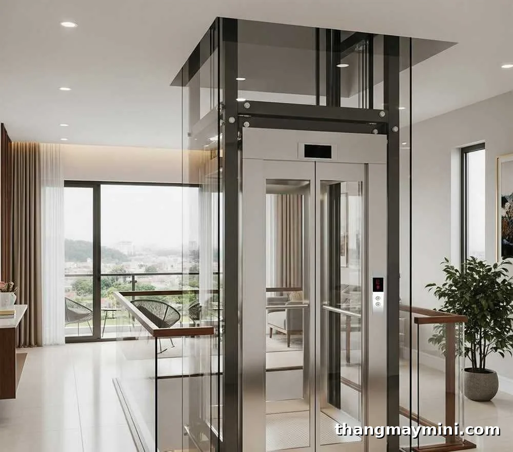 Thang máy kính gia đình khung thép lắp trong nhà phố hiện đại, vách kính cường lực trong suốt